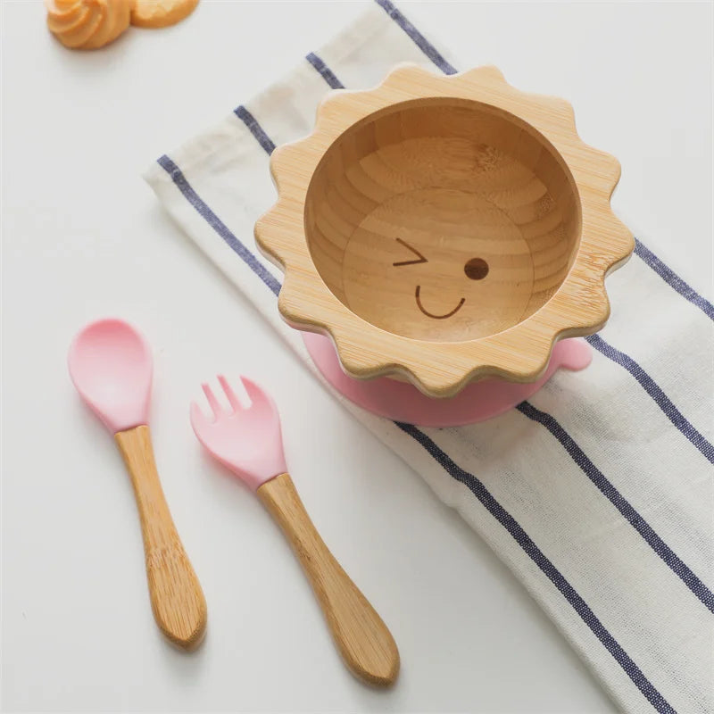 Bamboo Baby Suction Bowl and Tableware Options, Sun, Cloud and Dinosaur Designs with Single-Piece or 3-Piece Wooden-Handle Utensil Sets