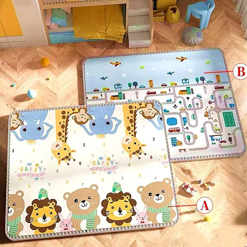 Multi-Size Baby Crawling Play Mat with Double-Sided Illustrated Patterns, Foldable XPE Floor Rug in 0.5 or 1 cm Thickness for Supervised Play
