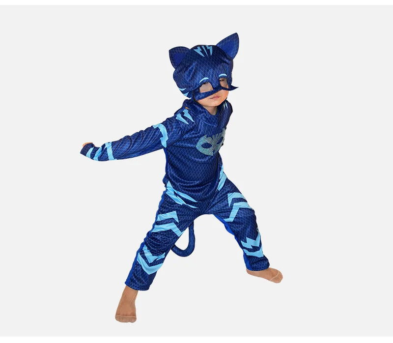 Kids Superhero Jumpsuit Costume with Mask, Blue Red or Green Cartoon Dress-Up Outfit for Halloween, Birthday Parties and Pretend Play