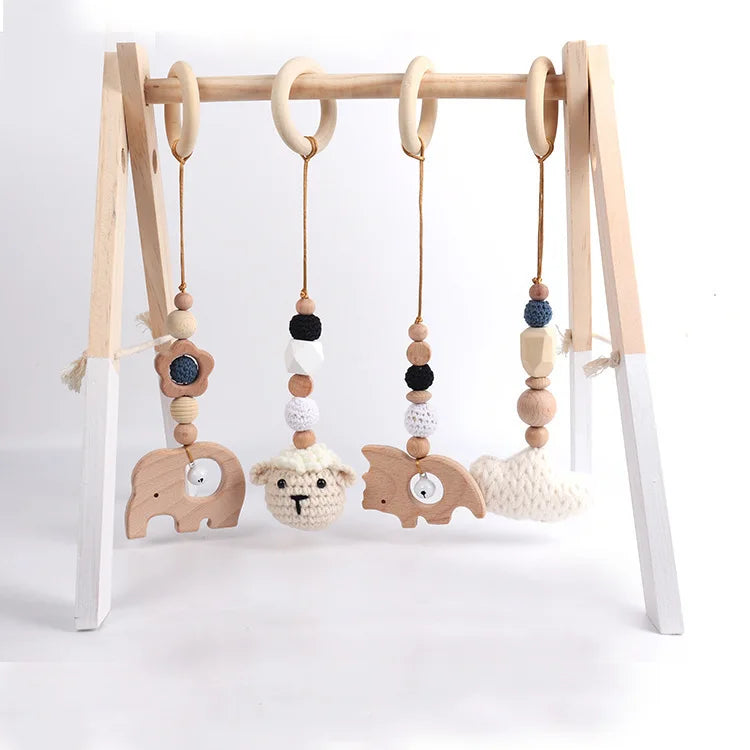 Beech Wood Baby Gym Toy Set, 4 Hanging Animal Pendants with Yarn Details and 5.8 cm Rings for Supervised Looking and Reaching, Frame Not Included