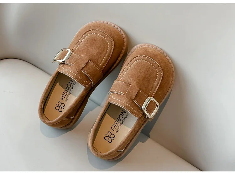Girls Buckle Loafers with Rounded Toe and Stitched Detail, Brown or Khaki Casual Flats for School Outfits, Spring and Fall Days