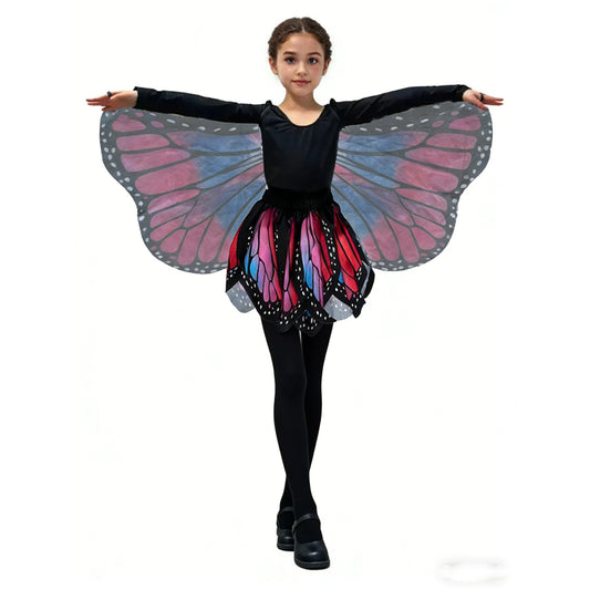 Girls Butterfly Costume with Colorful Wing Shawl and Matching Short Skirt, Fairy Dress-Up Set for Halloween Parties, Performances and Role Play