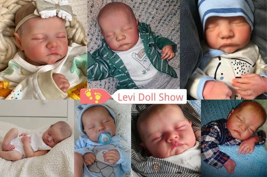 Levi Sleeping Reborn Baby Doll, 17-18 Inch Vinyl Boy or Genderless Cloth Body with Painted Hair, Gray Clothes, Pacifier, Bottle and Birth Card