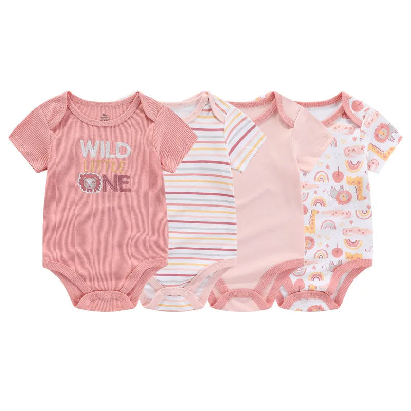 Cotton Baby Bodysuit 4-Piece Set by Kiddiezoom, Short Sleeve Infant Outfits with Envelope Shoulders, Snap Bottoms and Mixed Designs, 3M-12M