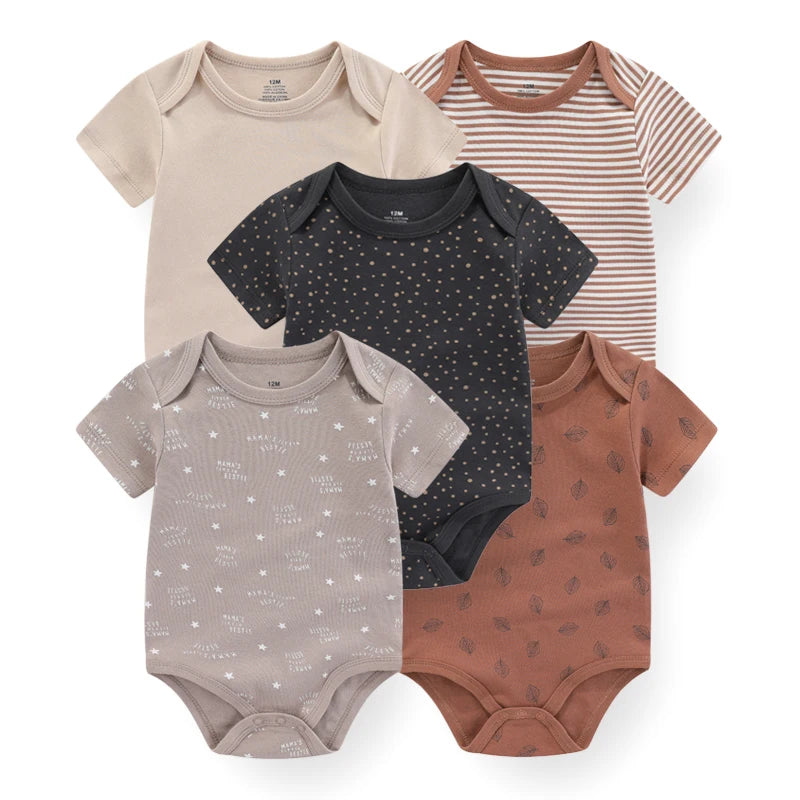 Infant Cotton Bodysuits 5-Pack with Short Sleeves and Envelope Shoulders, Solid Colors and Playful Prints for Baby Boys and Girls, Sizes 3M-12M
