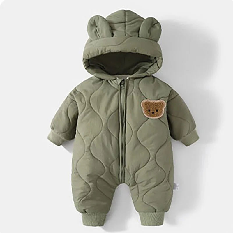 Winter Baby Bear Snowsuit, Quilted Hooded One-Piece with Plush Lining, Front Zipper and Ribbed Cuffs for Infant Boys and Girls