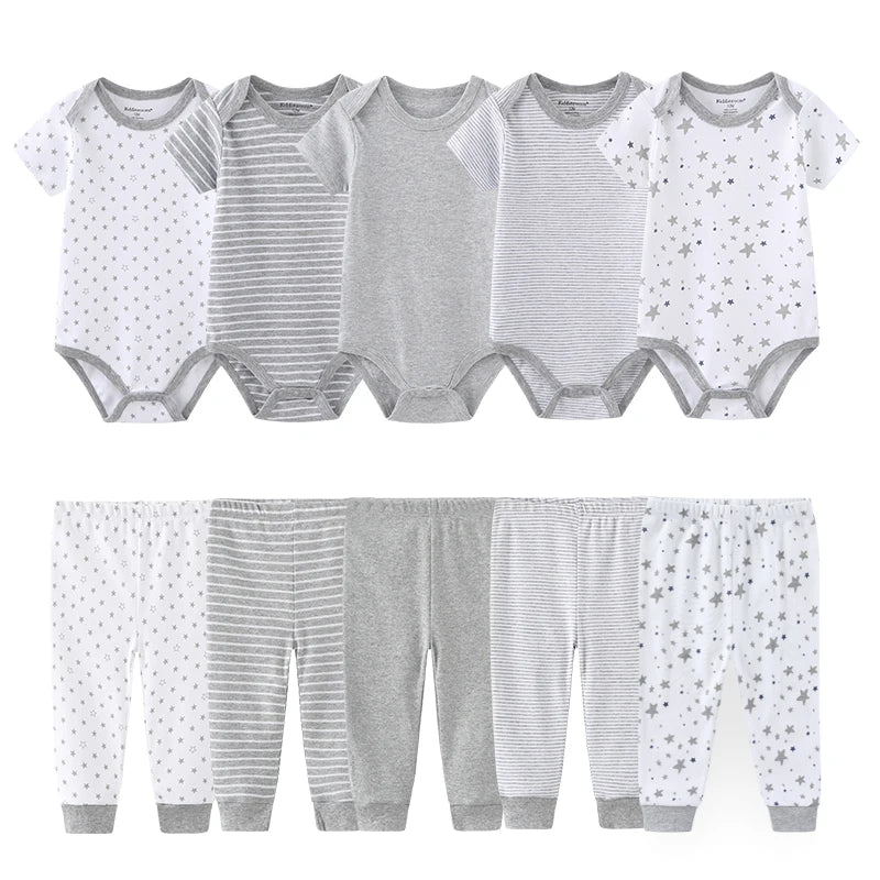 Baby Bodysuit and Pants Set, 10-Piece Kiddiezoom Infant Clothing Bundle with Short-Sleeve Tops for Boys and Girls, Sizes 3M-12M