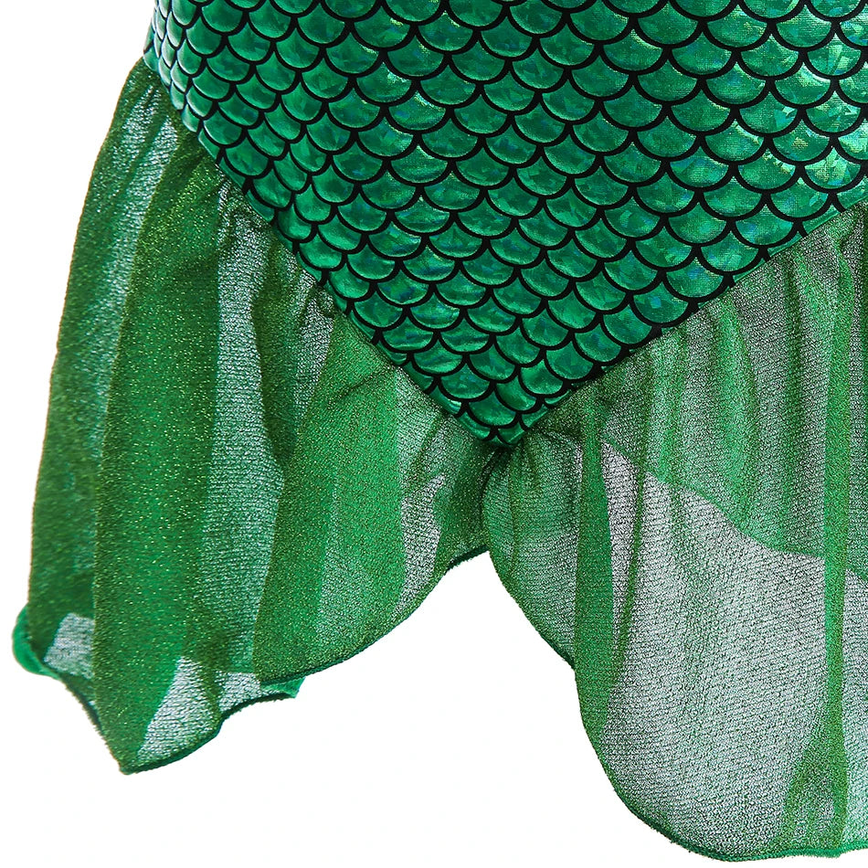 Mermaid Costume Dress for Girls with Purple Bodice, Green Scale-Pattern Skirt and Fishtail Hem for Birthdays, Halloween and Princess Dress-Up