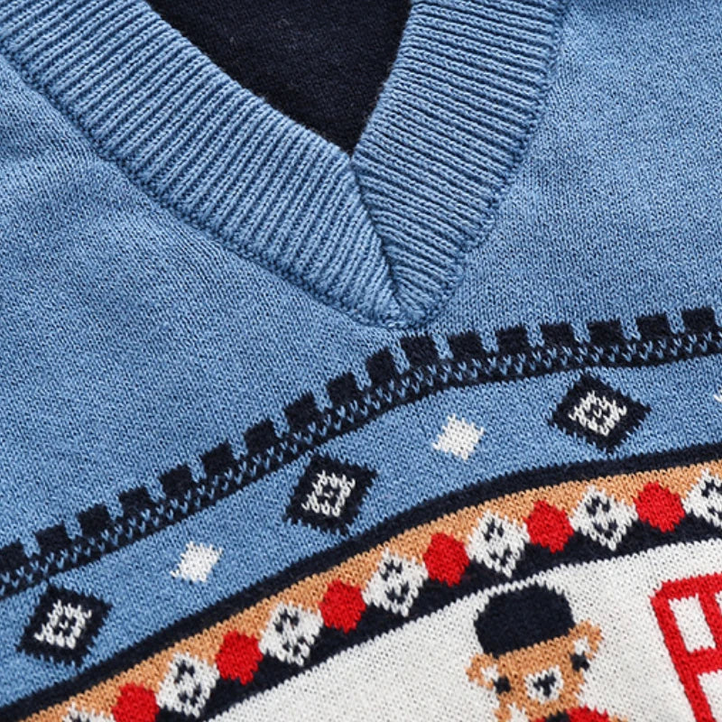 Blue V-Neck Baby Sweater Vest with Bus and Character Knit Pattern, Sleeveless Pullover with Ribbed Trim for Infant and Toddler Layering, 6M–3T