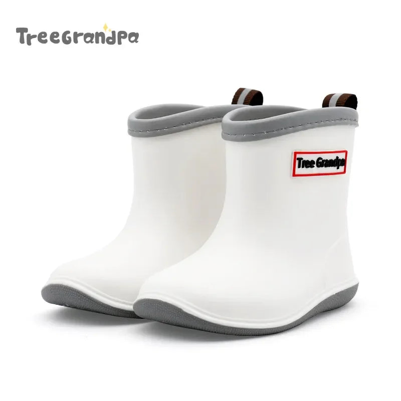 Solid Color Kids Rain Boots in PVC with Rear Pull Tabs, Mid-Calf Pull-On Rainy-Day Shoes for Boys and Girls, Eight Colors and Listed Sizes 5-12