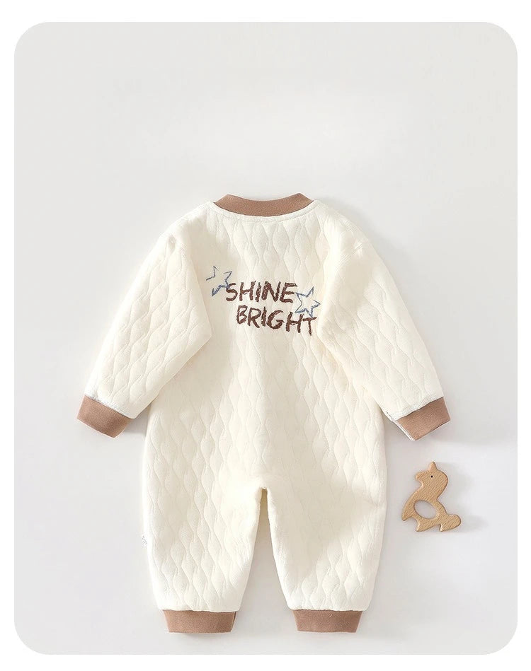 Quilted Baby Snap-Front Romper with Cartoon Dog or Dinosaur Details, Long Sleeve Footless Jumpsuit with Contrast Cuffs for Infant Everyday Outfits
