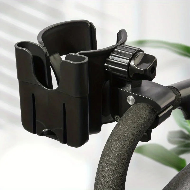 Stroller Beverage and Phone Organizer with Clamp Mount, 2-in-1 Cup and Bottle Holder in Black or Beige for Compatible Stroller and Wheelchair Frames