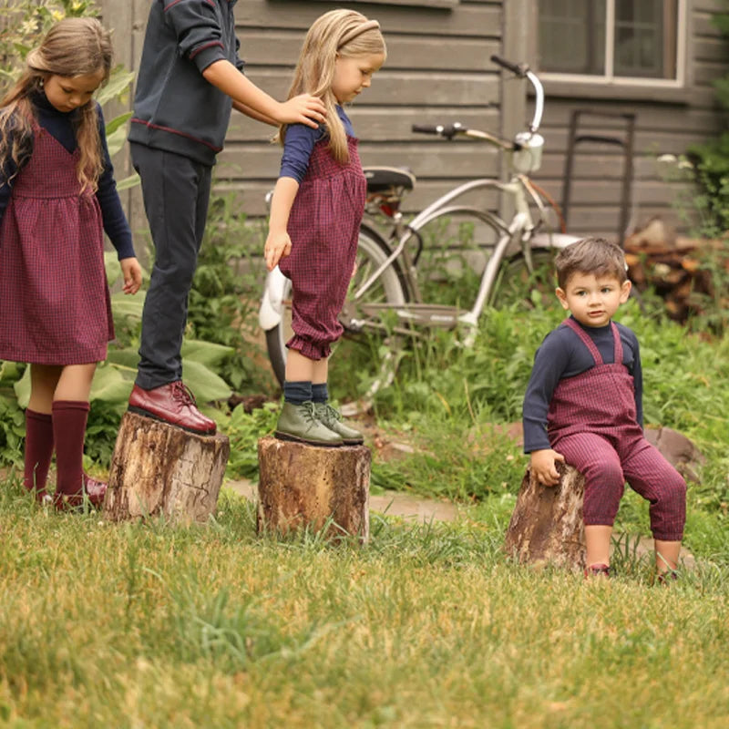 Maroon Gingham Sibling Matching Outfits, Cotton Navy and Burgundy Sweatshirt Dresses, Tops, Jumpers and Baby Rompers for Boys and Girls