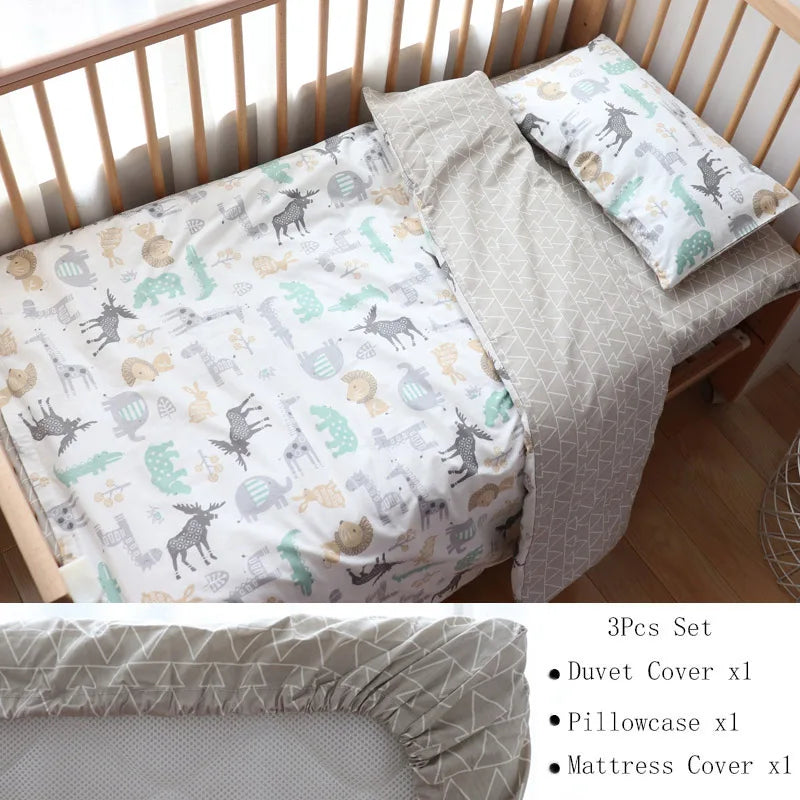 Cotton Toddler Bedding Set, 3-Piece Printed Duvet Cover and Pillowcase with Flat Sheet or Mattress Cover, Kids Room Bed Linens