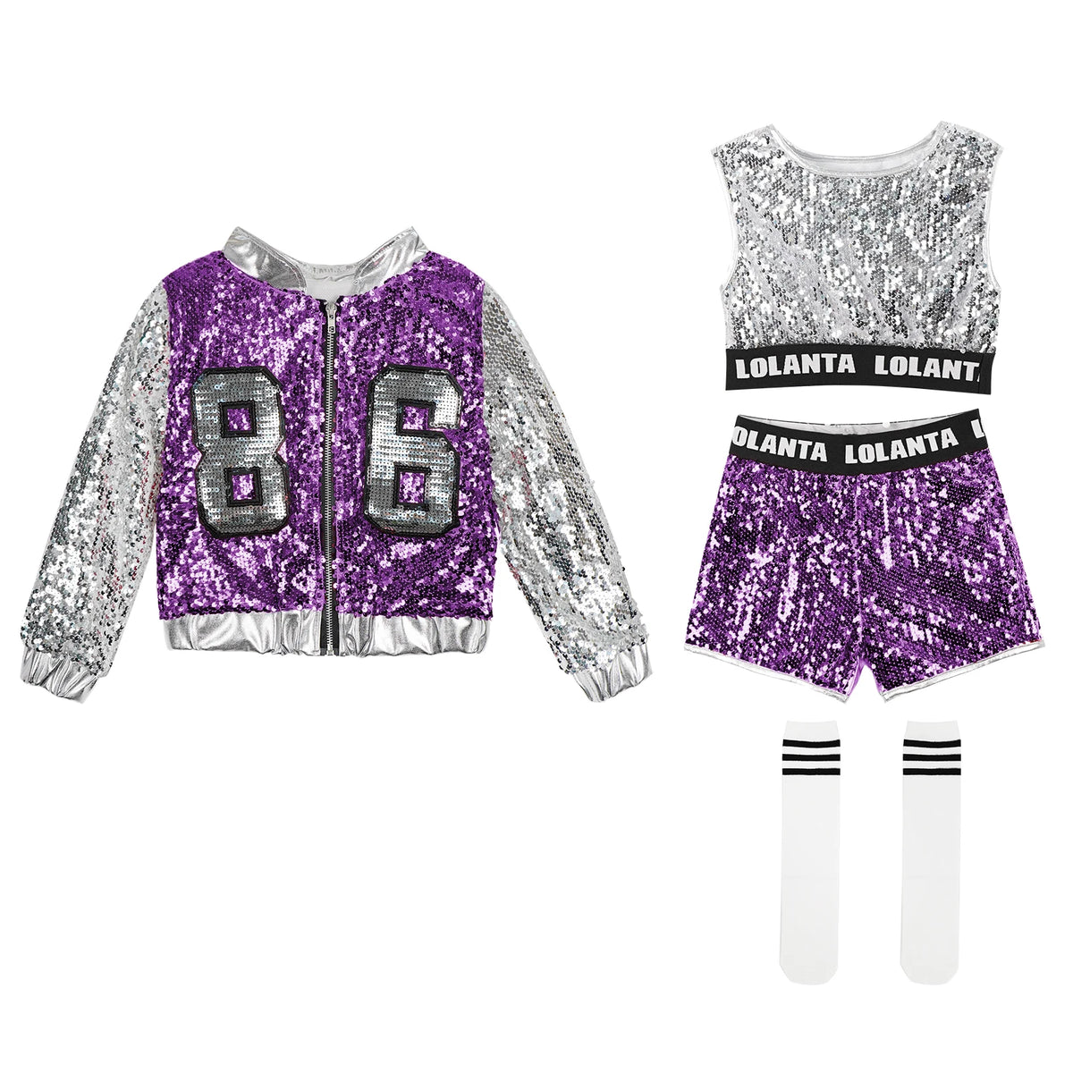 Girls Sequin Hip Hop Dance Costume Set with Metallic Trim Jacket, Crop Top, Shorts and Striped Socks for Jazz Recitals and Stage Performances