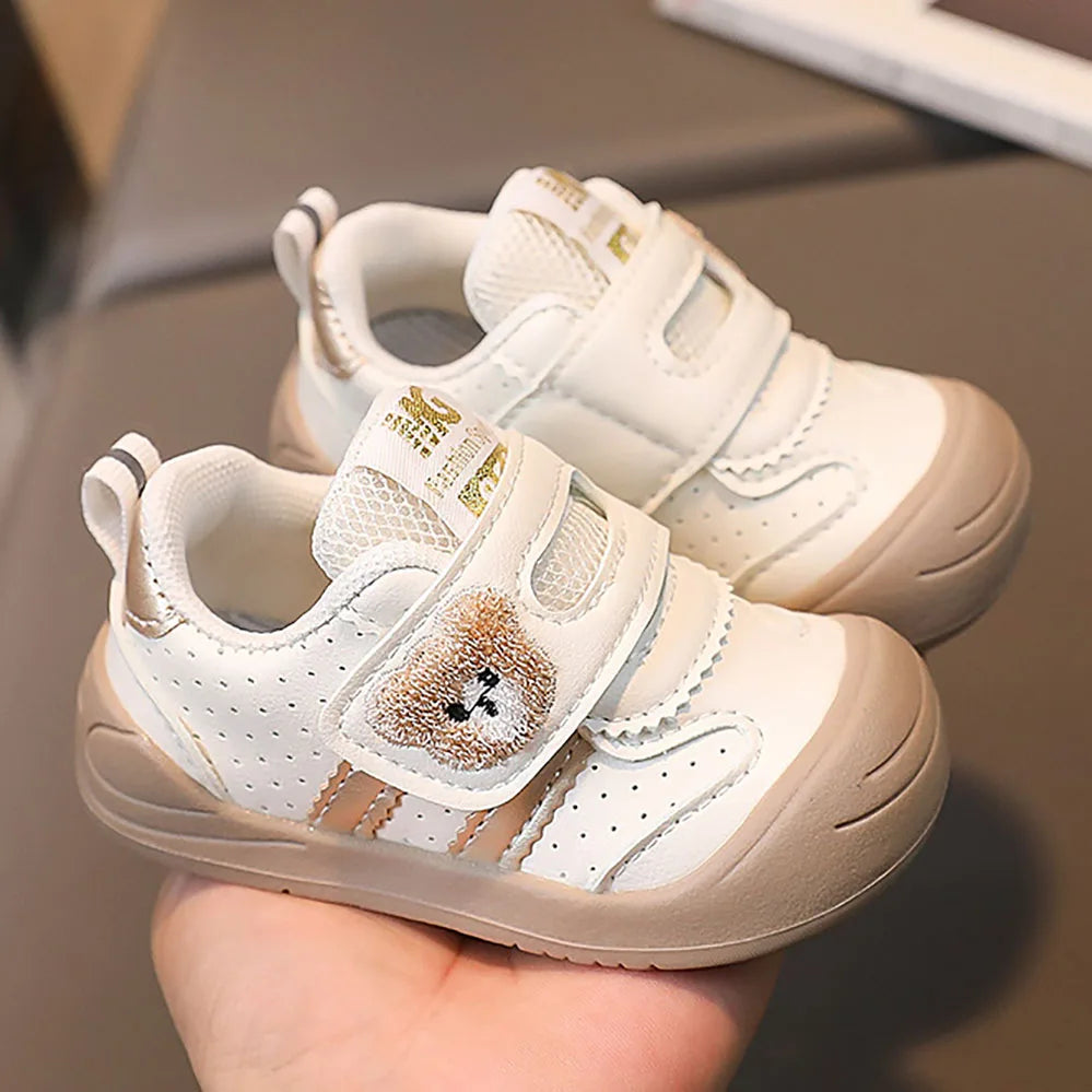 Toddler Bear Sneakers with Hook-and-Loop Strap, Perforated Upper and Striped Sides, Baby Boys and Girls Casual Shoes in Black Gold or Red, Sizes 16-25