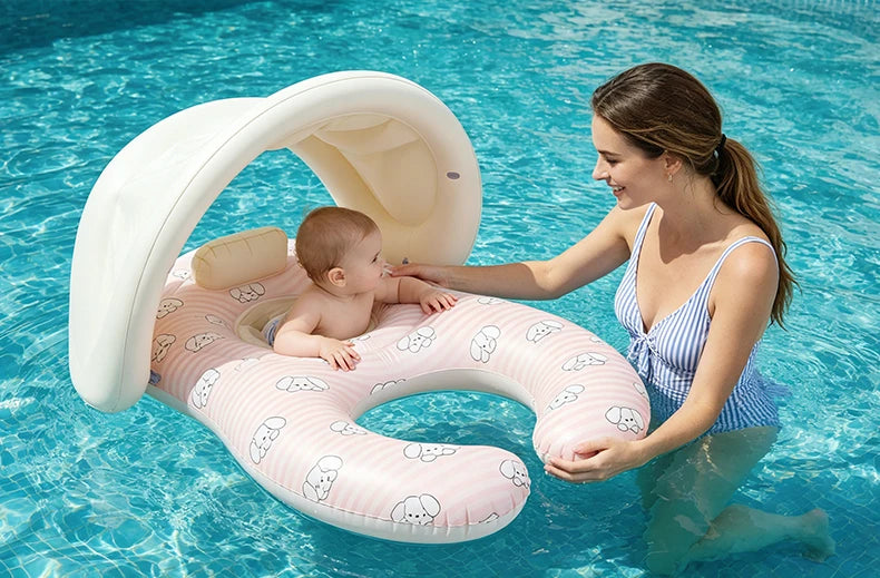 Parent-Child Double-Seat Inflatable Pool Float with Sun Canopy, Two-Seat Swim Ring for Supervised Family Water Play, WDF0752 or WDF0753