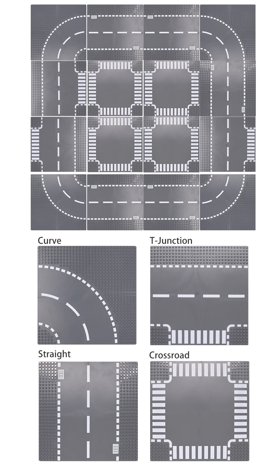 City Road Building Block Base Plates, 25.5 x 25.5 cm Single-Sided Street Panels for Brick Town Layouts, Traffic Scenes and Creative Construction Play