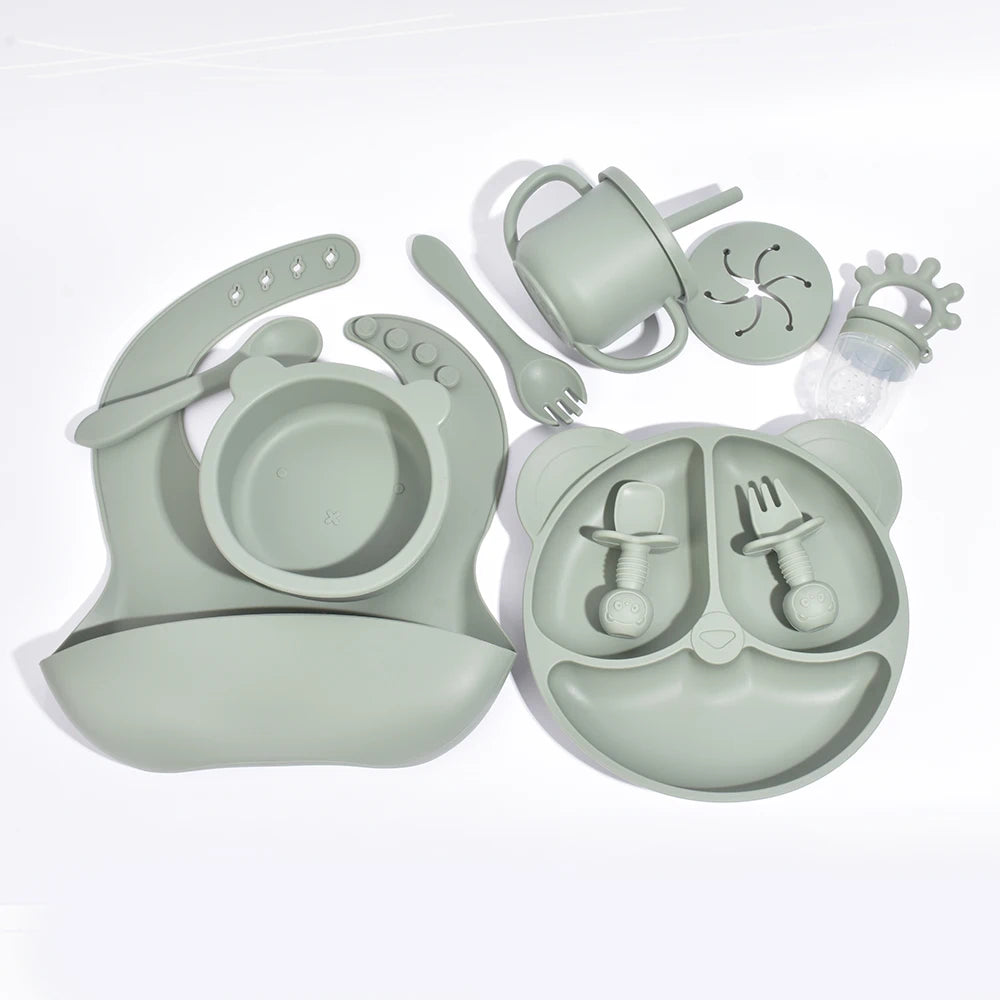 Silicone Suction Feeding Set, 10-Piece Panda Baby Tableware with Divided Plate, Bowl, Pocket Bib, Straw Cup and Two Utensil Pairs in Nine Colors