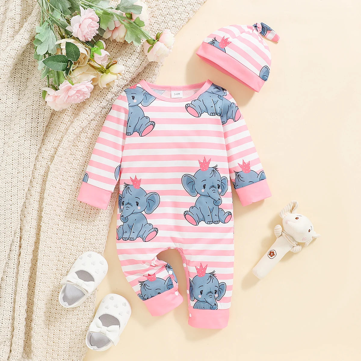 Bear Print Infant Romper with Long Sleeves and Front Fastenings, Contrast Trim and Footless Cuffs for Everyday Baby Outfits, Sizes 1-18 Months
