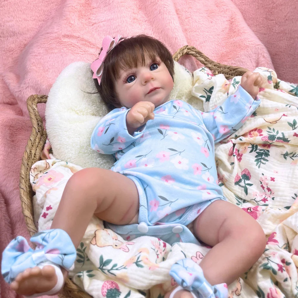 Blue Eyed Reborn Baby Doll Felicia with Hand-Rooted Hair and Soft Cloth Body, 18ā19 Inch Vinyl Details, Clothes, Bottle and Random Pacifier