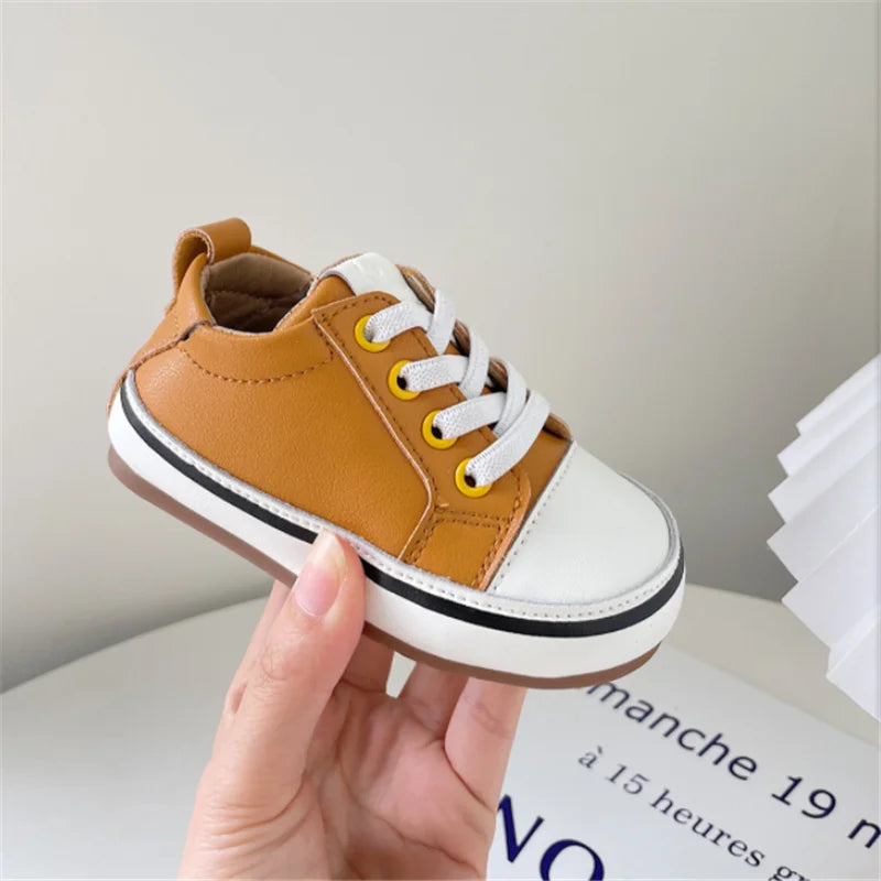Toddler Colorful Eyelet Sneakers with Lace-Up Front and Contrast Sole Stripe, Beige or Yellow Baby Boys and Girls Casual Spring and Fall Shoes