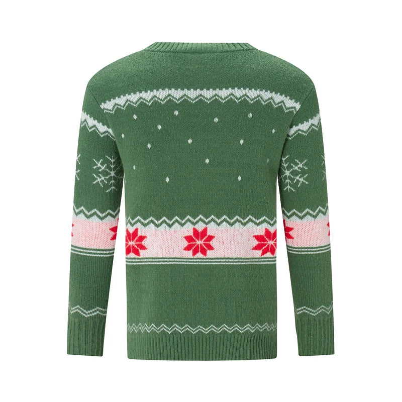 Reindeer Family Christmas Sweaters in Red or Green, Matching Mom Dad and Kids Long Sleeve Crewneck Pullovers for Holiday Photos and Parties