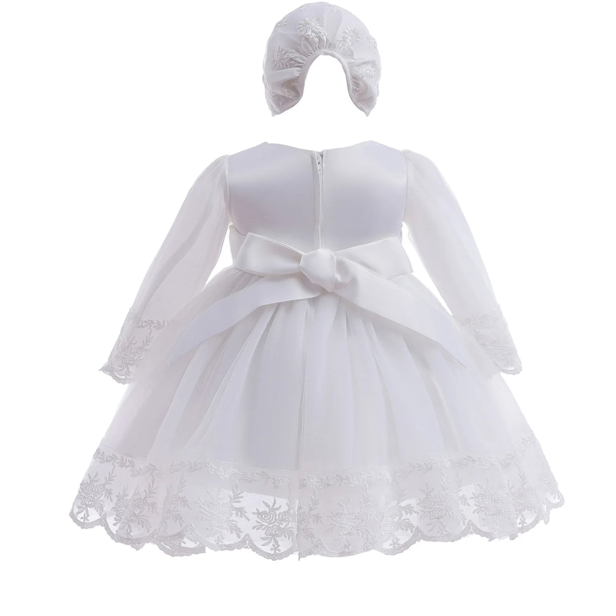 Baby Baptism Gown for Girls with Long Sleeves, Lace Details and Cotton Lining, Dress and Cap Set for Christening and First Birthday Photos