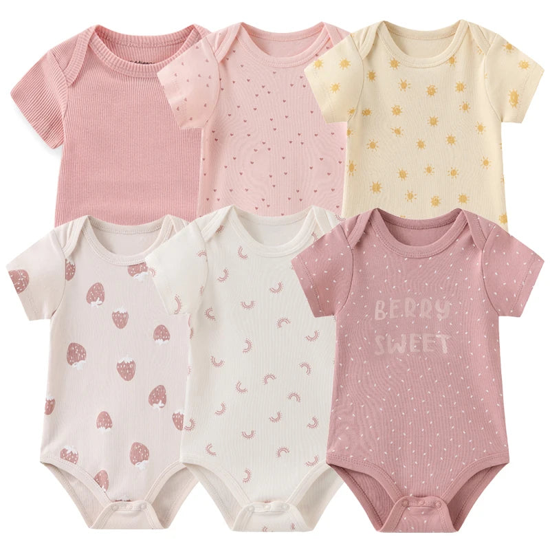 Baby Cotton Bodysuit Set, 6-Piece Short Sleeve Outfits with Envelope Shoulders and Snap Crotch for Boys and Girls, Sizes 3M-12M