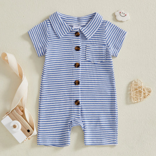 Baby Boys Striped Summer Romper with Short Sleeves, Turn-Down Collar and Button Front, Cotton Blend One-Piece Outfit for 0-24 Months