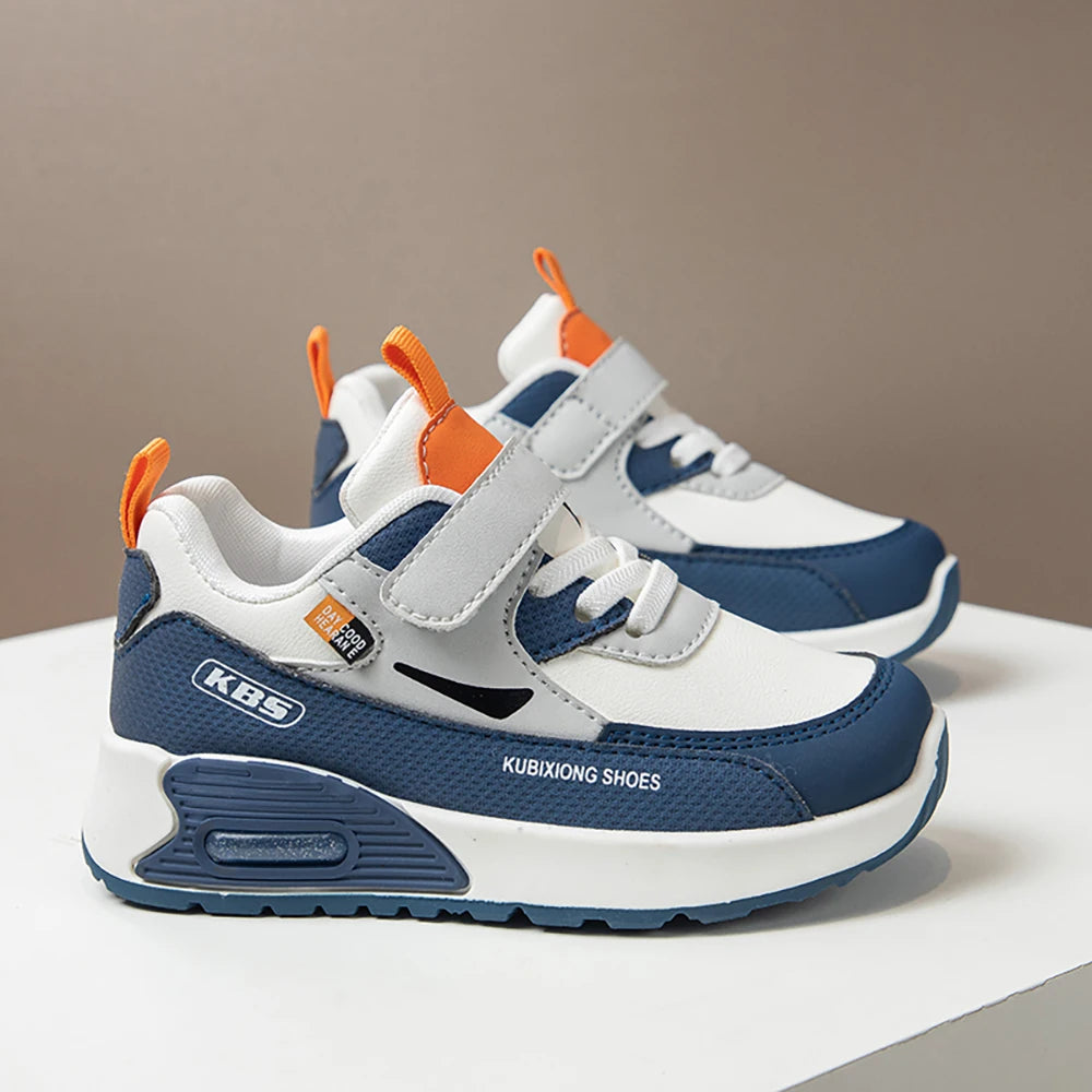 Color-Block Kids Running Shoes with PU Leather Upper, Soft Rubber Sole and Strap Closure for Boys and Girls, School Days and Outdoor Play