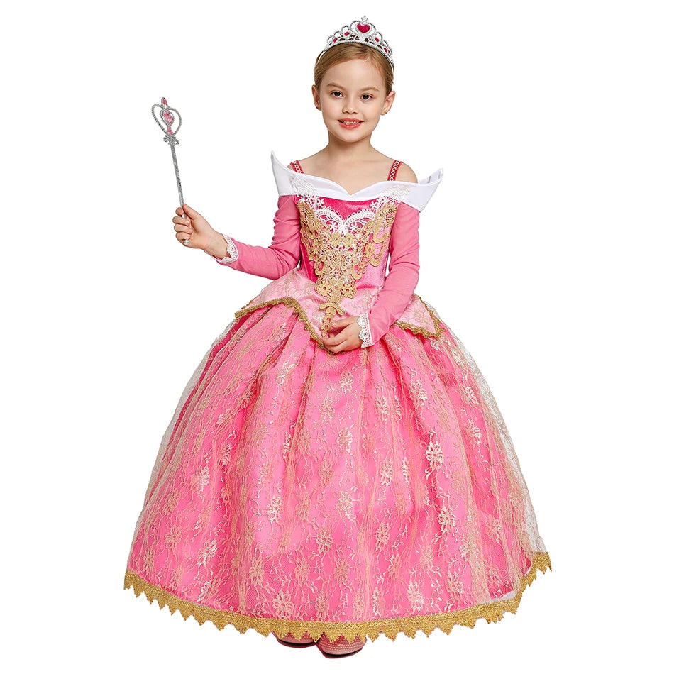 Pink Princess Costume Dress for Girls with Gold-Tone Detailing and Long Sleeves, Aurora-Inspired Party Dress-Up with Selectable Bundle Options