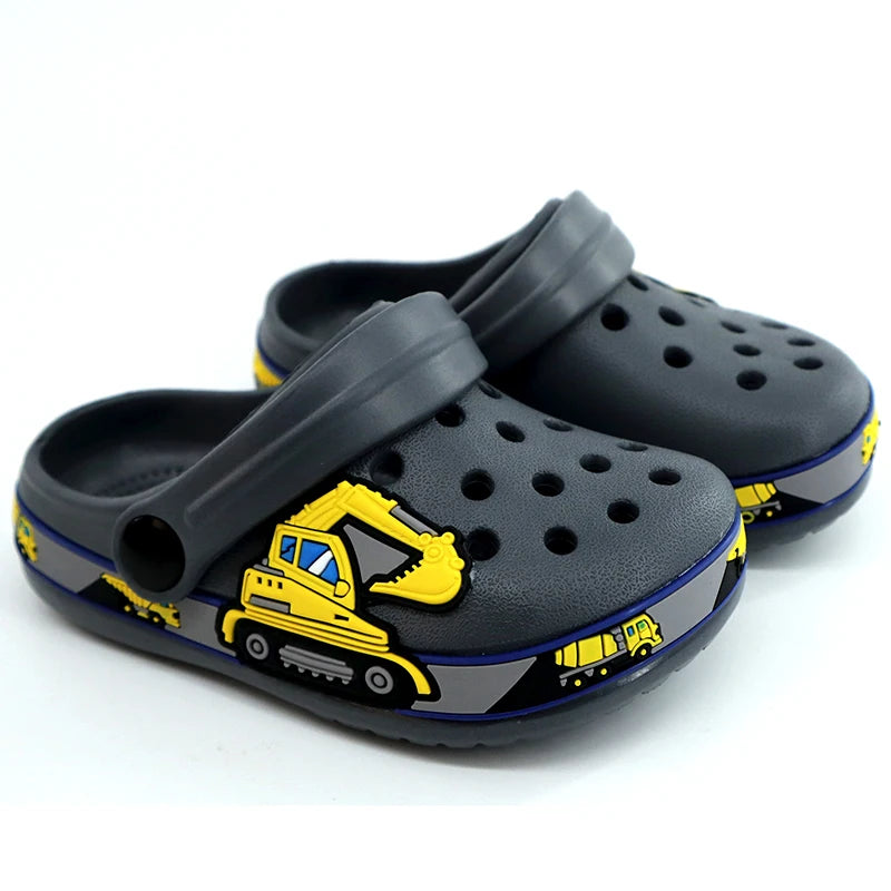 Dinosaur Kids Garden Clogs with Ventilation Holes and Pivoting Heel Strap, Closed-Toe Slip-On Summer Shoes for Boys and Girls Casual Outfits
