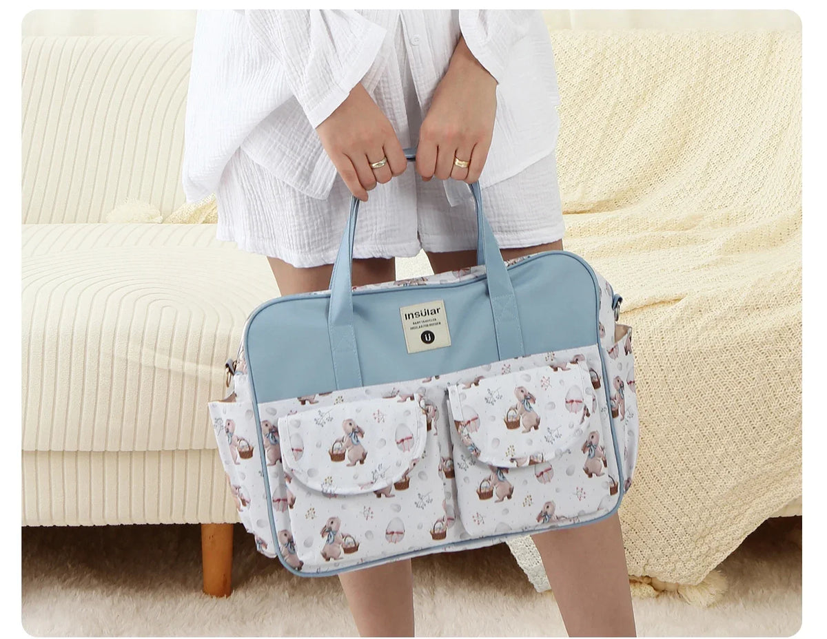 Diaper Tote Bag with Wide Opening and Printed Front Pockets, Large Capacity Baby Essentials Organizer for Moms, Travel and Everyday Outings