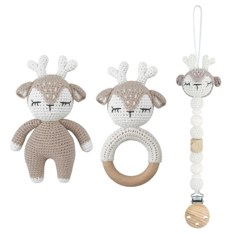 Crochet Animal Rattle Set with Wooden Ring and Coordinating Accessories, Rabbit, Deer and More Designs for Supervised Play and Baby Shower Gifts