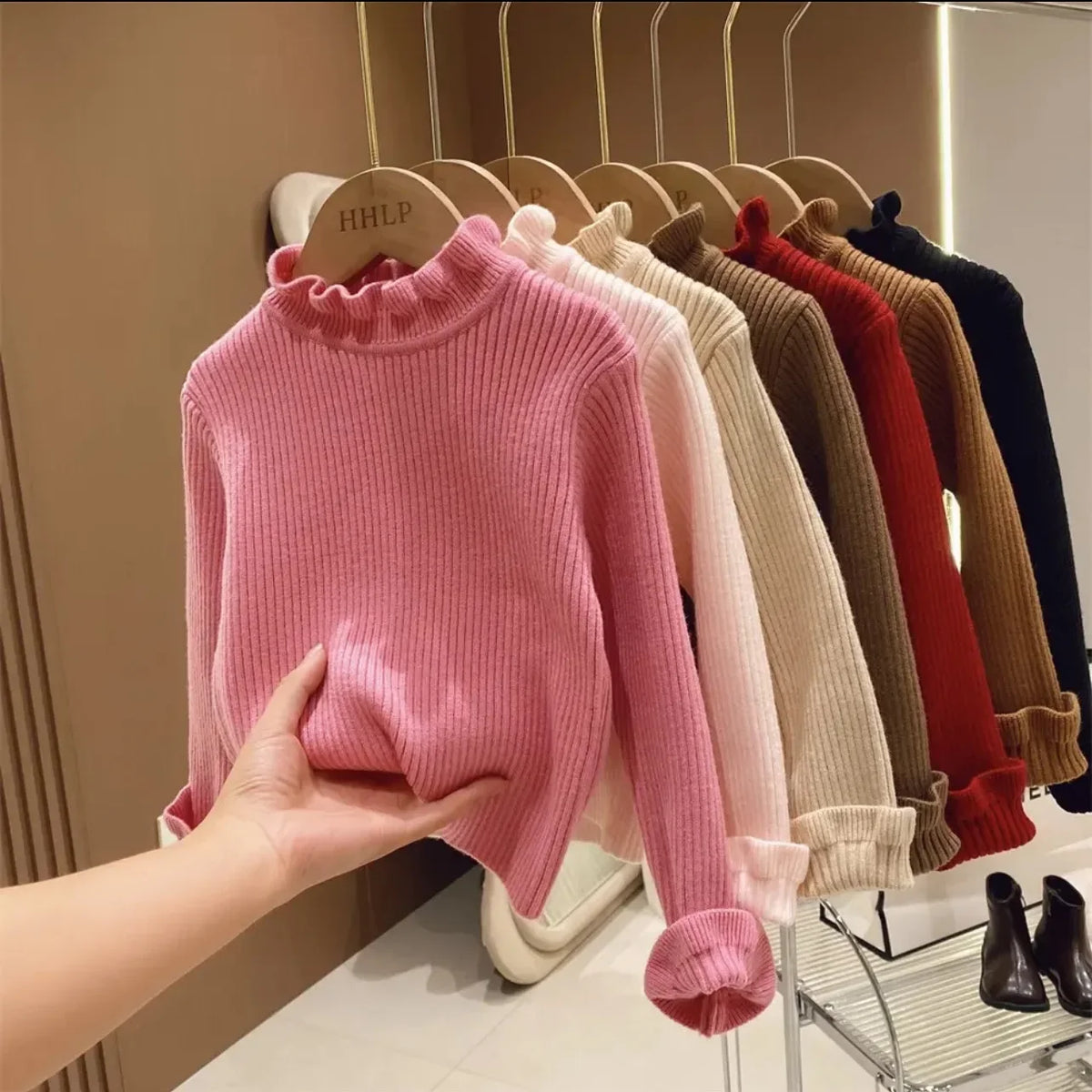 Toddler Lettuce Edge Sweater, Ribbed Knit Mock Neck Pullover with Long Sleeves for Boys and Girls, Six Solid Colors, Sizes 12-18M to 6-7Y
