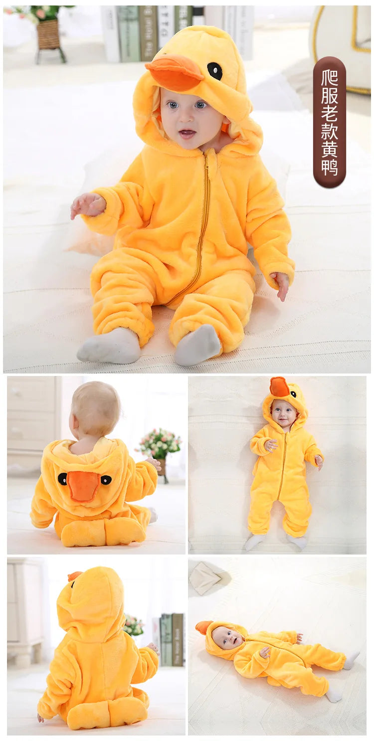 Baby Animal Hooded Costume Jumpsuit with Flannel Styling, Duck, Rabbit, Leopard and More Dress-Up Options for Boys and Girls, Sizes 70-120