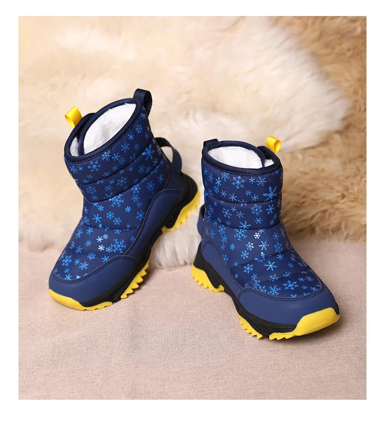 Snowflake Print Kids Winter Boots with Padded Shafts, Pull Tabs and Chunky Tread Soles, Pink Snow-Style Footwear for Boys and Girls