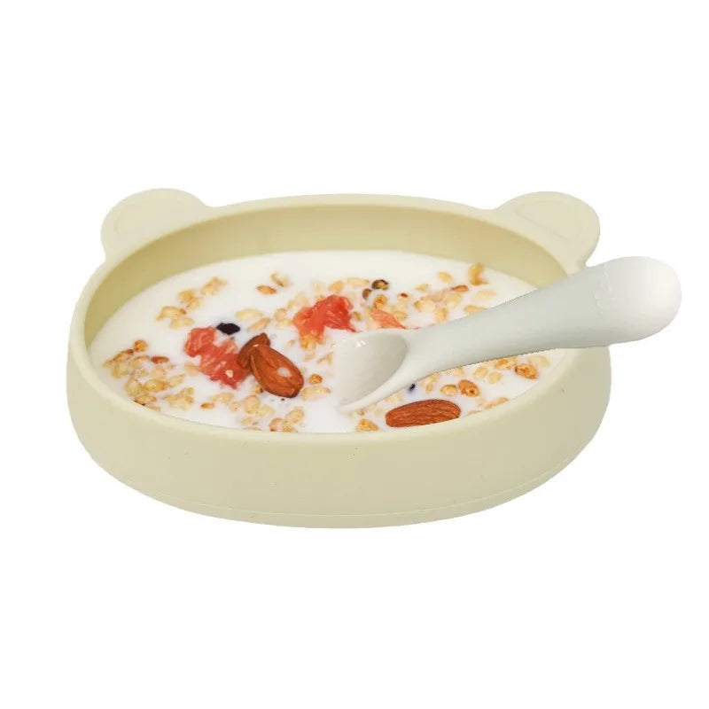 Bear-Shaped Silicone Baby Plate with Lid, Anti-Slip Feeding Dish with Raised Sides for Supervised Infant and Toddler Meals in Four Colors