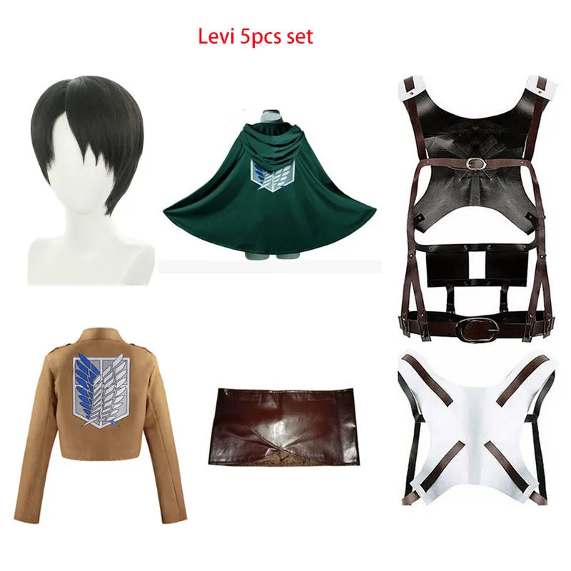 Attack on Titan Cosplay Costume Set with Jacket, Green Cloak, Skirt and Straps, Levi, Mikasa, Eren and Hange Options for Halloween