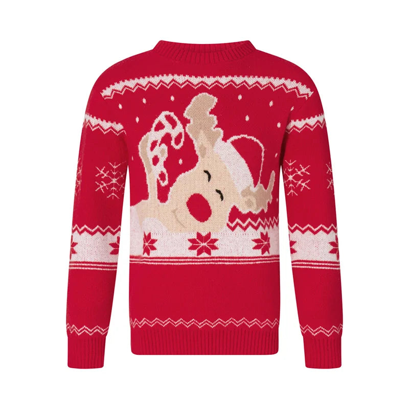 Reindeer Family Christmas Sweaters in Red or Green, Matching Mom Dad and Kids Long Sleeve Crewneck Pullovers for Holiday Photos and Parties