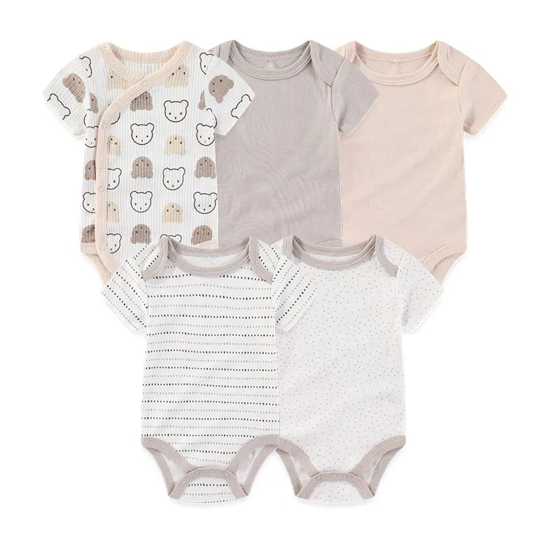 Baby Bodysuit Multipack in Cotton, 4- or 5-Piece Short Sleeve Infant Clothing with Printed and Solid Designs for Boys and Girls, Sizes 3M-12M