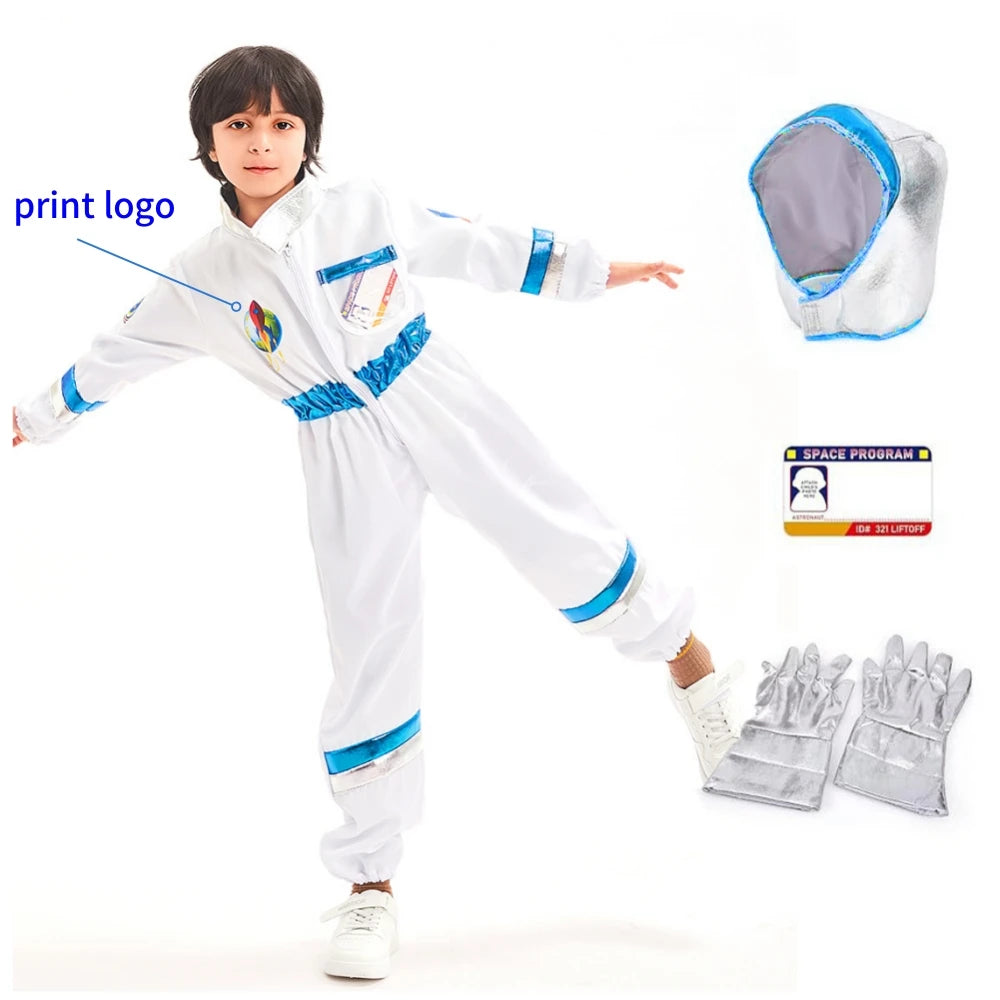 Space Explorer Costume for Kids with White Astronaut Jumpsuit, Space-Themed Patches and Metallic Trim Options for Halloween and Birthday Parties