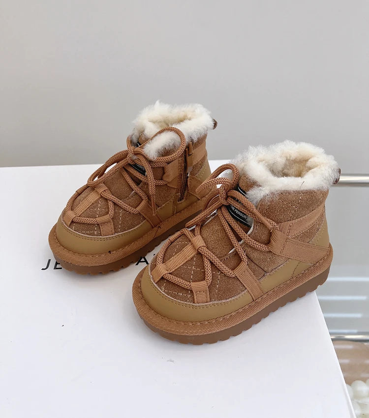 Plush-Lined Toddler Ankle Boots with Lace-Up Front and Side Zipper, Camel or Black Winter Shoes for Boys and Girls, Sizes 18-30
