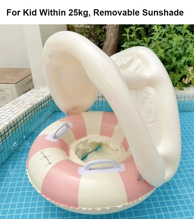 Inflatable Baby Pool Float Seat with Detachable Canopy and Easy-Grip Handles, Retro Striped Swim Ring for Supervised Summer Water Play