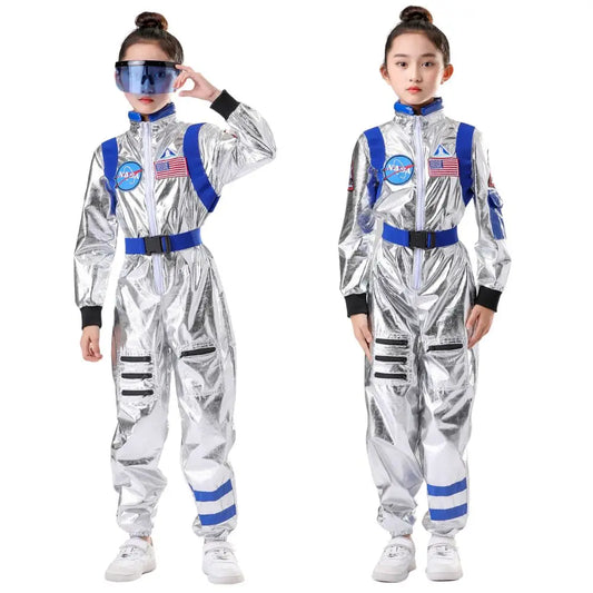 Kids Astronaut Costume Jumpsuit, Silver Space Explorer Outfit for Halloween, Carnival, Cosplay and Imaginative Dress-Up, Sizes 120–150