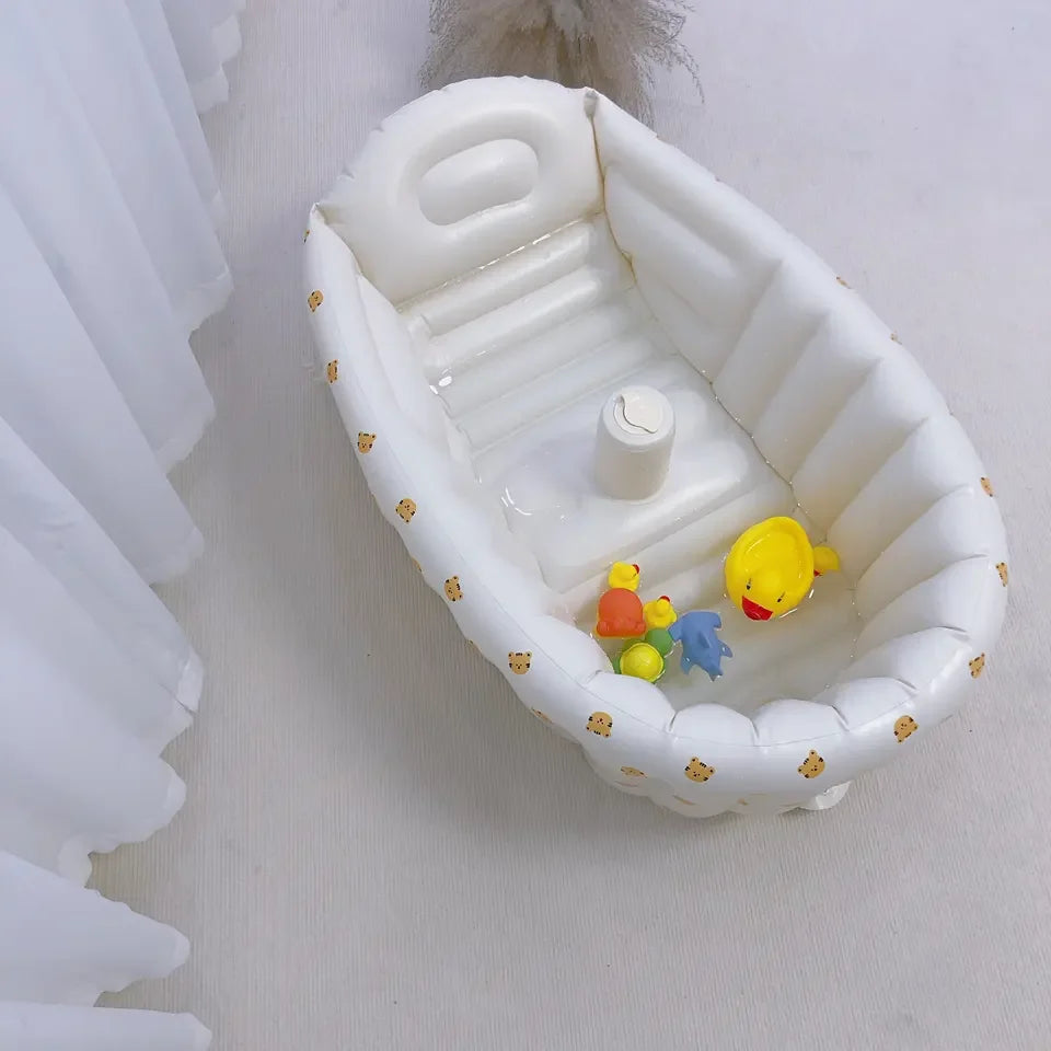 Portable Baby Bath Tub with Built-In Air Pump, Inflatable PVC Bathtub in Animal and Olive Prints for Home Bathing and Family Travel