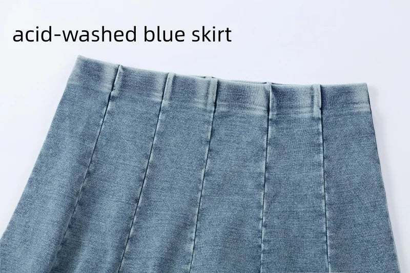 Denim Panel Pleated Skirt for Girls, Teens and Women, Washed Blue and Gray Cotton Styles with Black Jersey Option for Everyday Casual Outfits