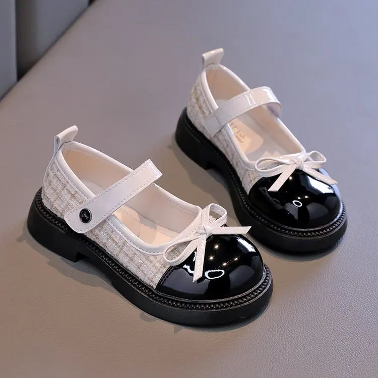 Girls Patchwork Mary Jane Shoes with Bow Detail, Glossy Round Toe and Textured Panels in Black or Beige for Spring Fall Dressy Outfits