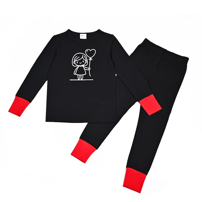Kids Matching Pajamas with Red Cuffs and White Character Graphics, Black Sibling Outfit Styles with Two-Piece Sets, Nightgown and Footie Options